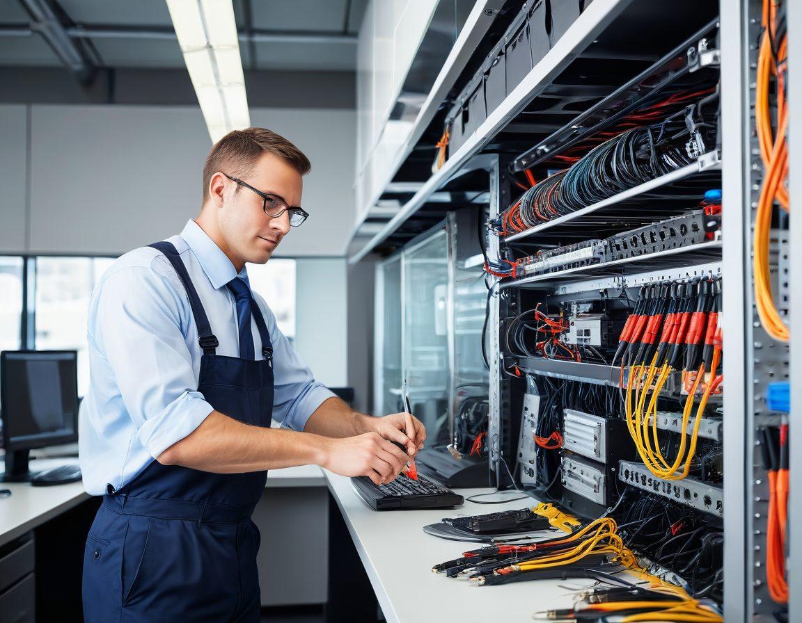 A skilled technician expertly installing cables in a modern office space, showcasing organized tools and neatly arranged cables. The setting is bright and inviting, highlighting best practices with visuals of safety gear and diagrams in the background. Add a cheerful ambiance with light reflections on metallic surfaces. super-realistic. vibrant colors. bright office environment.