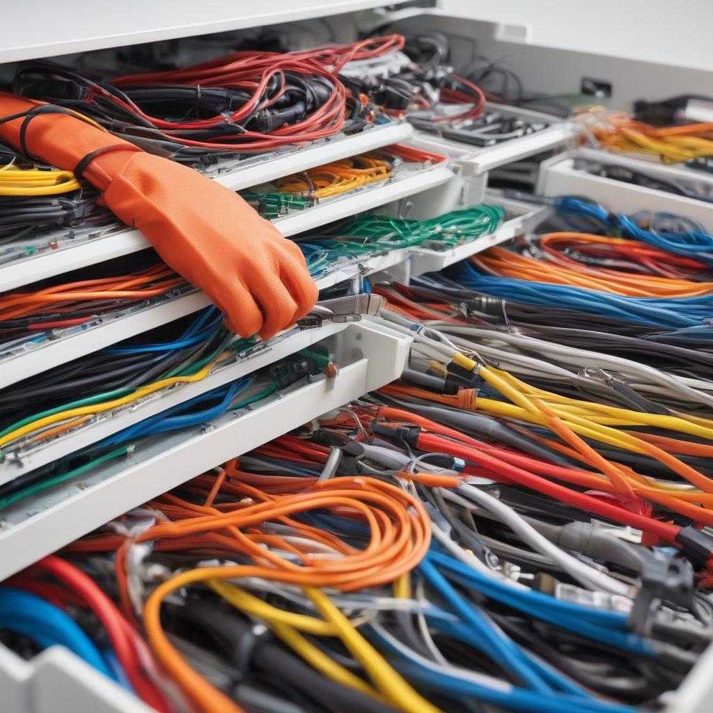 A dynamic scene depicting a skilled technician efficiently organizing various cables in a modern workspace. Incorporate tools like cable ties and a toolbox, with cables neatly arranged in a way that suggests movement and adaptability. The backdrop features a vibrant, high-tech environment showcasing multiple cable types, emphasizing the mastery of cable logistics. The atmosphere should feel professional yet approachable, with a touch of energy to convey seamless service. super-realistic. vibrant colors. white background.